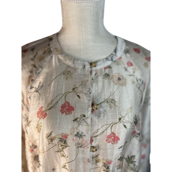 J Jill Linen Blend Sheer Floral Jacket Tunic Top M Barley Long Sleeve w/ Pockets - Picture 10 of 11